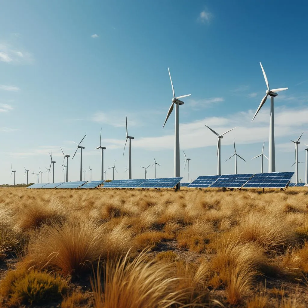 Paisaje argentino con turbinas eólicas y paneles solares